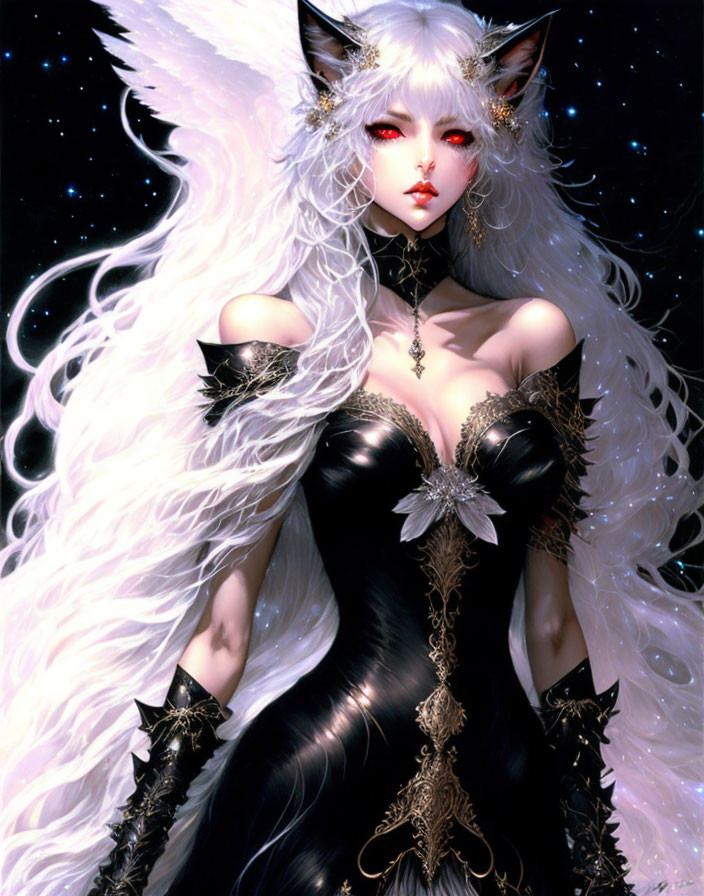 Fantasy illustration of woman with white hair and fox ears in gothic attire.