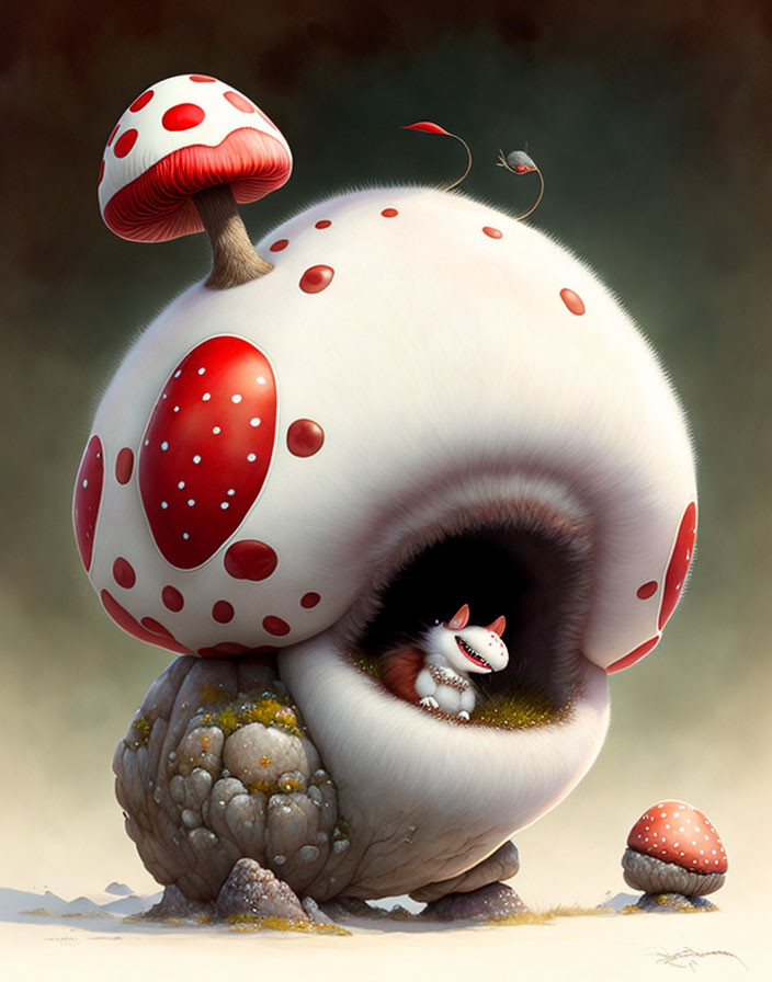 Snail-like creature with mushroom cap shell and unicorn peeking out among mushrooms