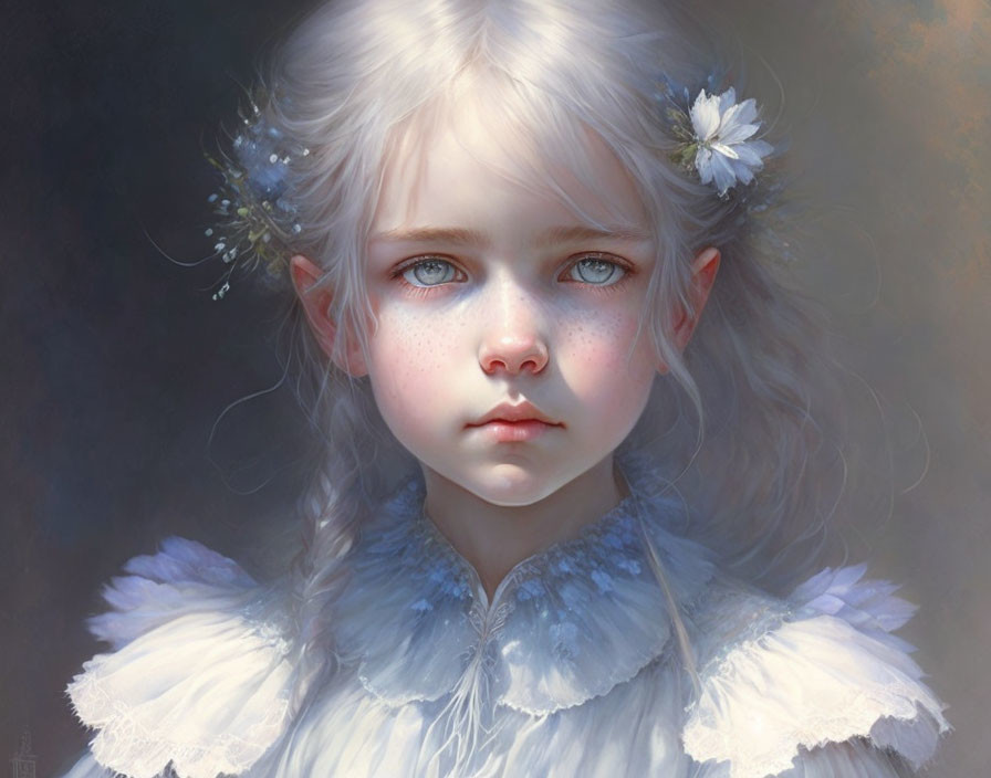 Digital painting of young girl with blue eyes, pale skin, blonde hair, and white flower adornments