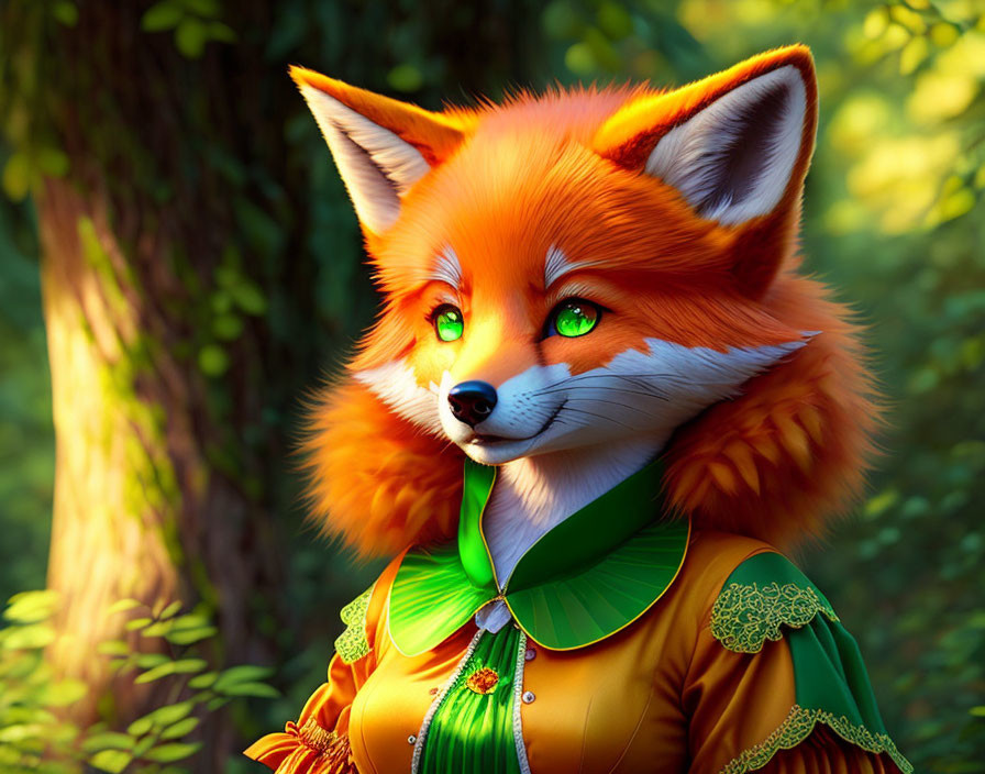 Anthropomorphic Fox in Ornate Green and Gold Outfit in Sunlit Forest