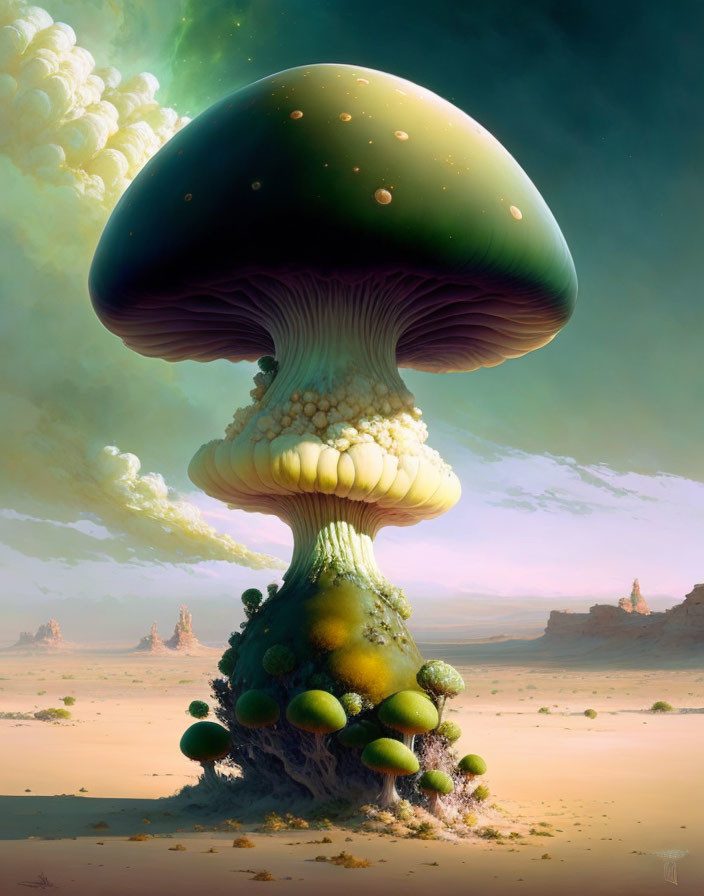 Fantastical giant mushroom in surreal desert landscape