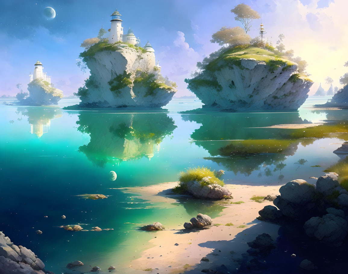 Fantasy landscape with floating islands, lighthouses, two moons, and tranquil waters.