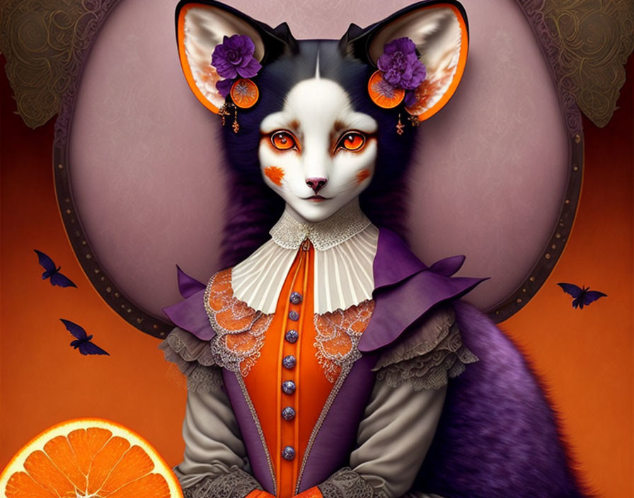 Anthropomorphic cat in Elizabethan attire with butterflies and citrus slices on orange backdrop