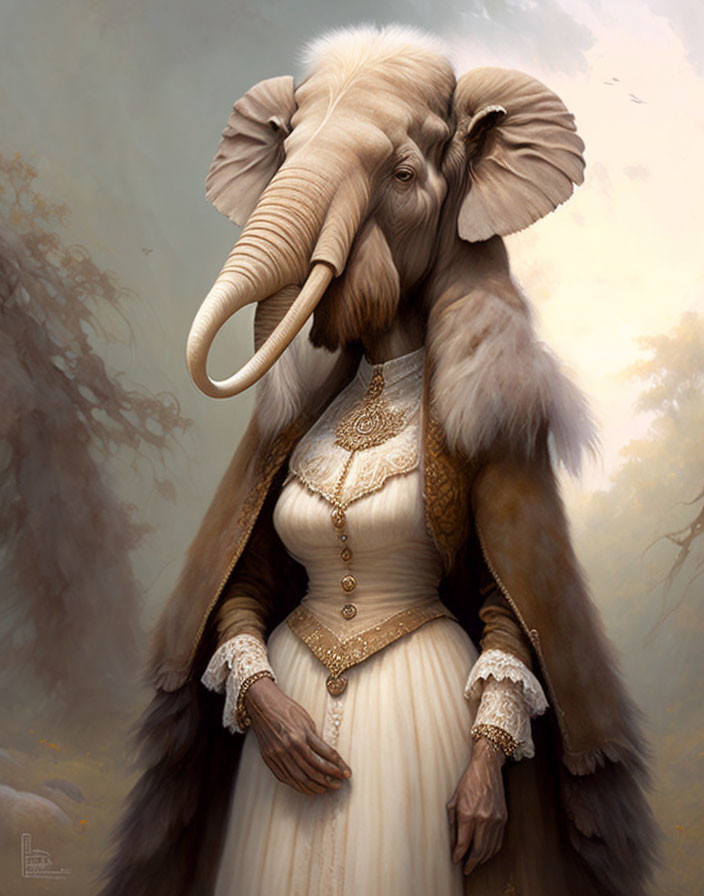 Anthropomorphic elephant in white dress and gold waistcoat in misty forest