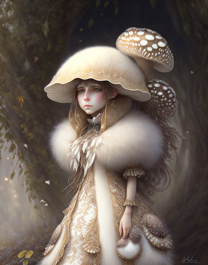 Surrealist portrait of person in mushroom headpiece and elegant outfit