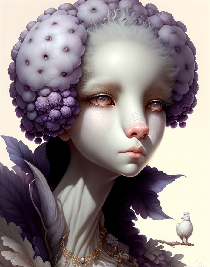 Ethereal figure with purple floral hair and birdlike features