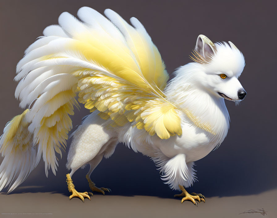 Mythical creature: white dog body, feathered wings, bird talons