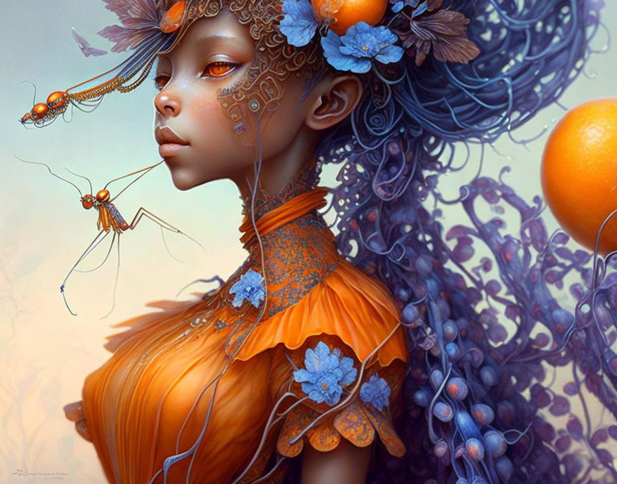 Surreal woman with orange blossoms, facial tattoos, ant, oranges, and purple foliage