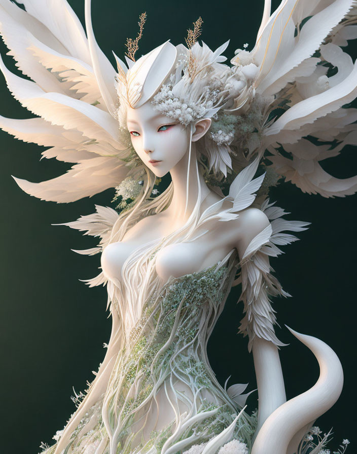 Ethereal figure with white feathered wings and floral headwear