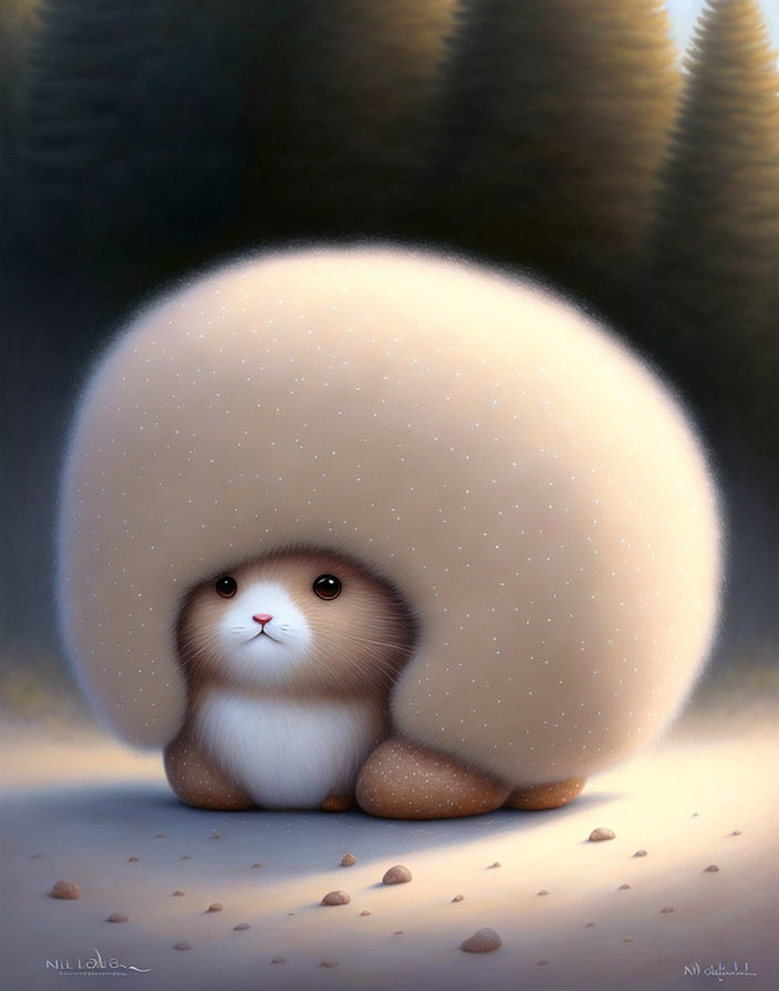 Stylized cute hamster-like animal in serene forest scene