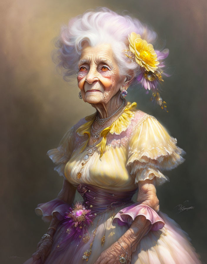 Elderly woman with white hair and yellow dress exudes elegance