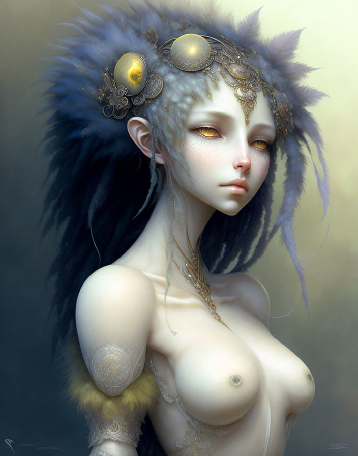 Fantastical creature with humanlike features and feathered headdress on soft background