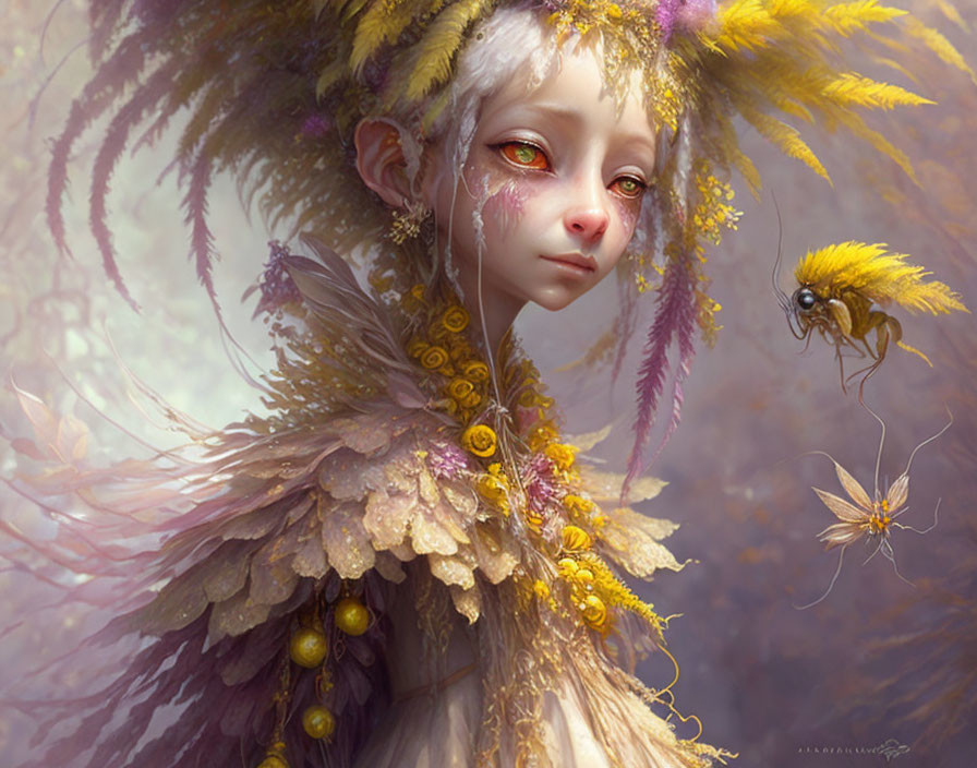 Pale-skinned fairy creature with red eyes and golden feathers in ethereal setting.