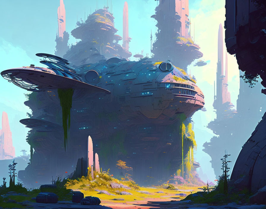 Futuristic spaceship in lush alien forest with tall structures