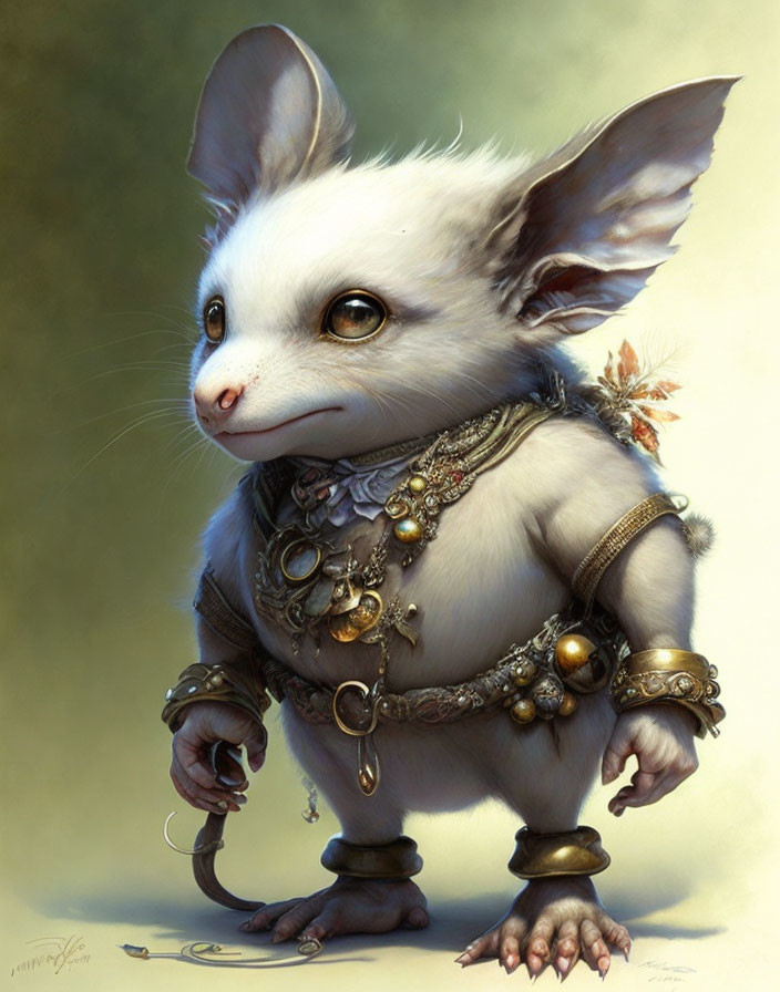 Anthropomorphic Mouse with Large Ears and Eyes in Decorated Vest and Tiny Sword against Soft Background