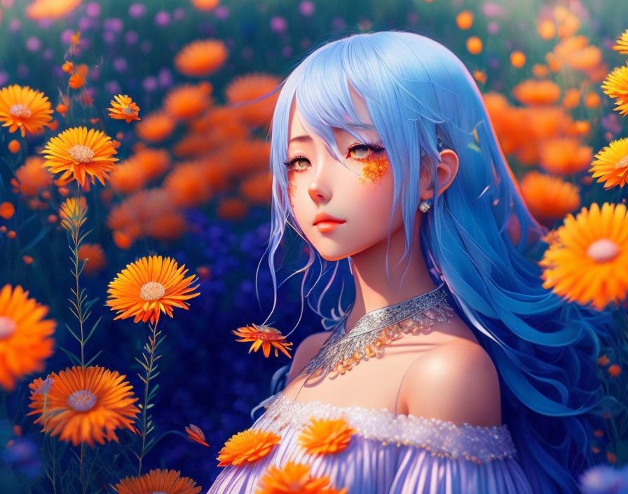 Digital artwork: Girl with Blue Hair in Orange Flower Field