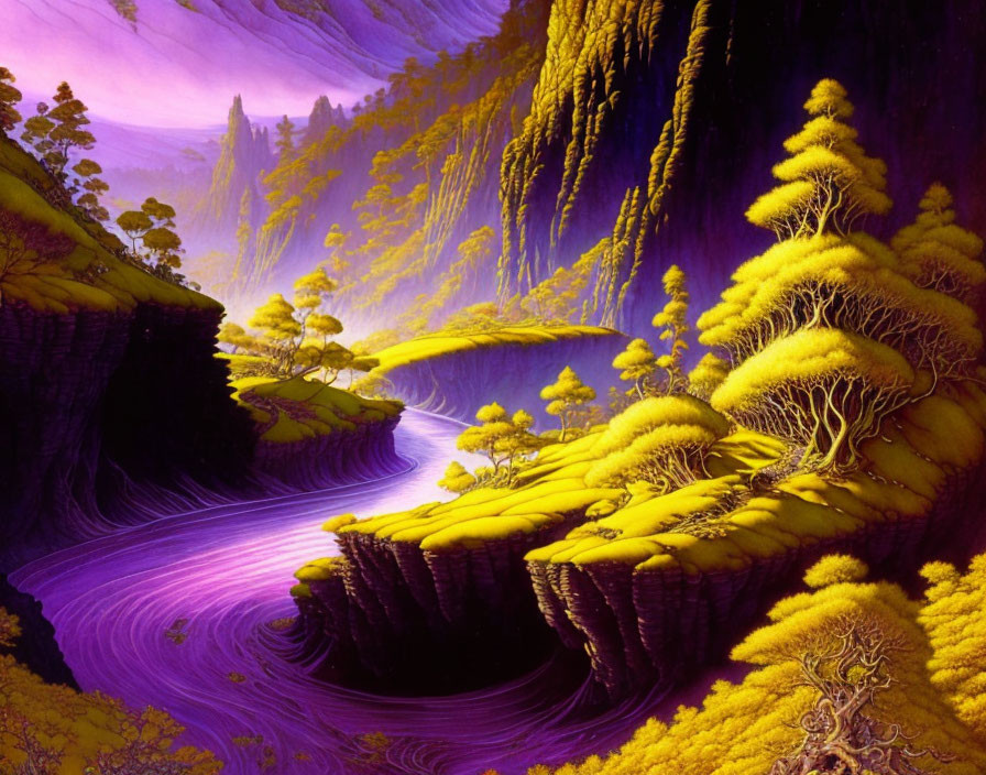 Vibrant fantasy landscape with purple skies, violet river, golden foliage, surreal trees, towering cliffs