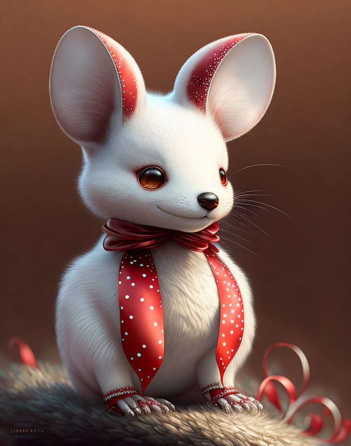 Anthropomorphic white mouse with red bow tie and ribbons.