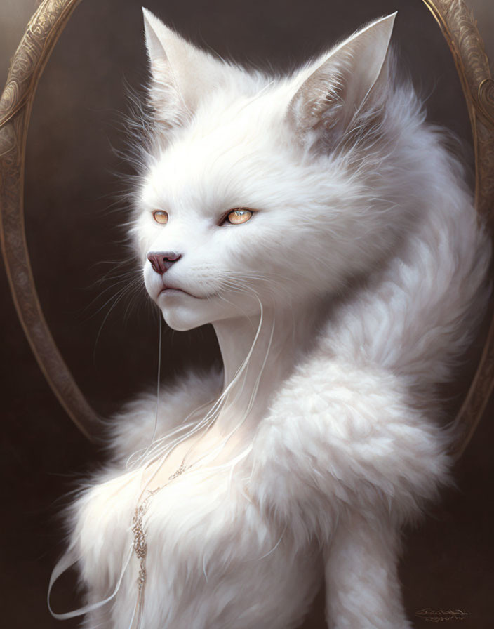 Majestic white cat with yellow eyes and ornate necklace in vintage mirror