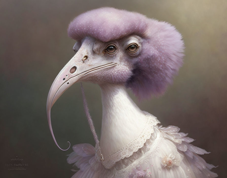 Whimsical creature with bird-like head and purple feathery crest