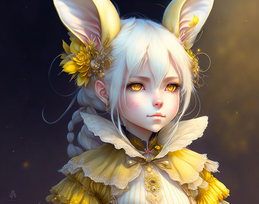 Illustrated character with fox-like ears and golden eyes on dark background