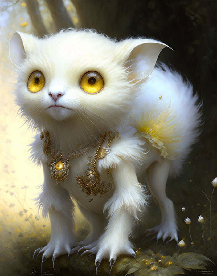 White Fluffy Cat with Yellow Eyes and Golden Necklace in Dreamy Setting