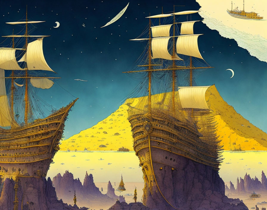 Illustration of tall ships on golden seas with crescent moons in twilight sky