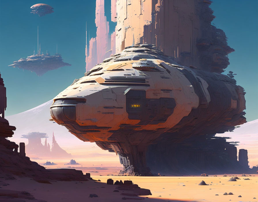 Futuristic spaceship on desert terrain with rock formations and floating structures under pink sky