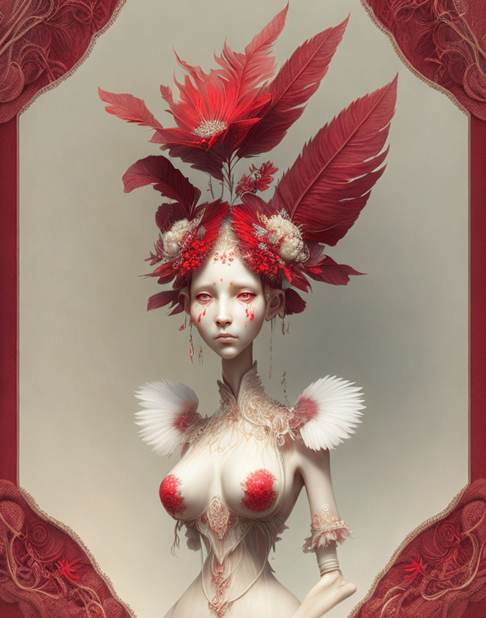 Pale-skinned figure with red feather headdress and berry-like accents in ornate burgundy frame