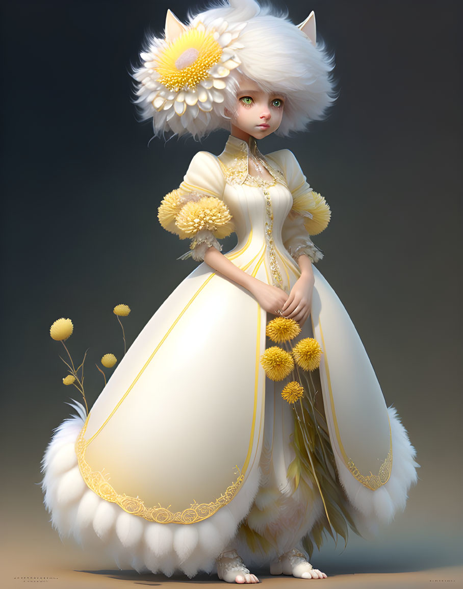 3D humanoid figure with feline features in white and gold dress with yellow flowers