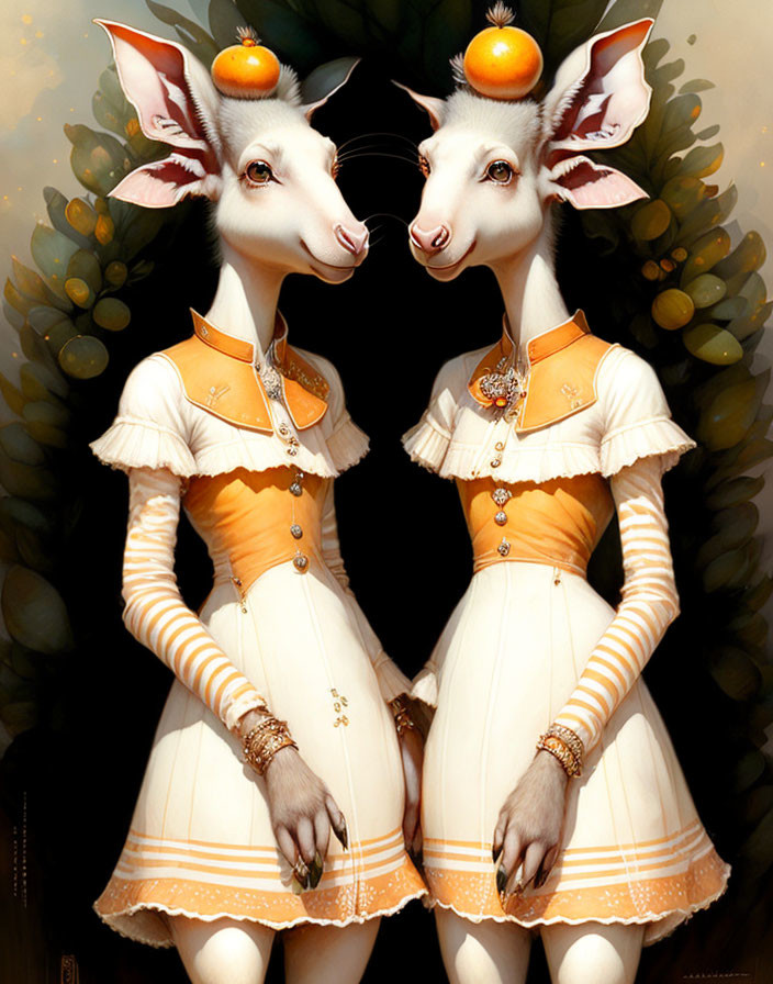 Anthropomorphic goats in elegant dresses with oranges on heads, symmetrically posed against leafy backdrop