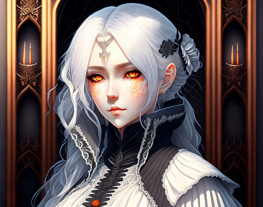 Pale-Skinned Character with White Hair and Golden Eyes in Victorian Gothic Attire