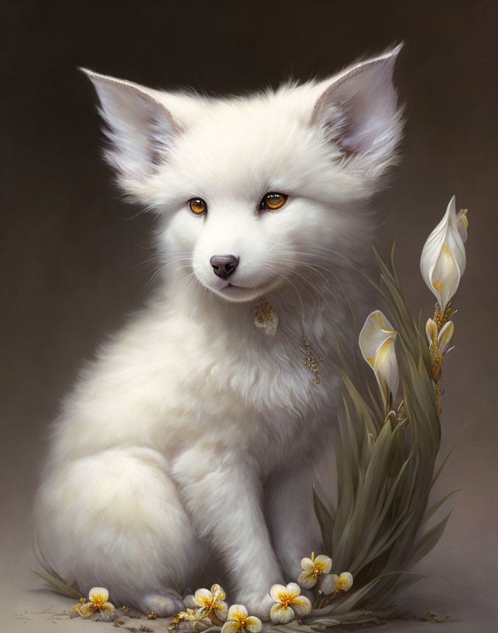 Fantasy white fox illustration with yellow eyes and golden pendant beside white flowers