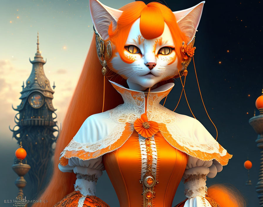 Orange and White Cat in Victorian Clothing with Clock Tower and Lampposts