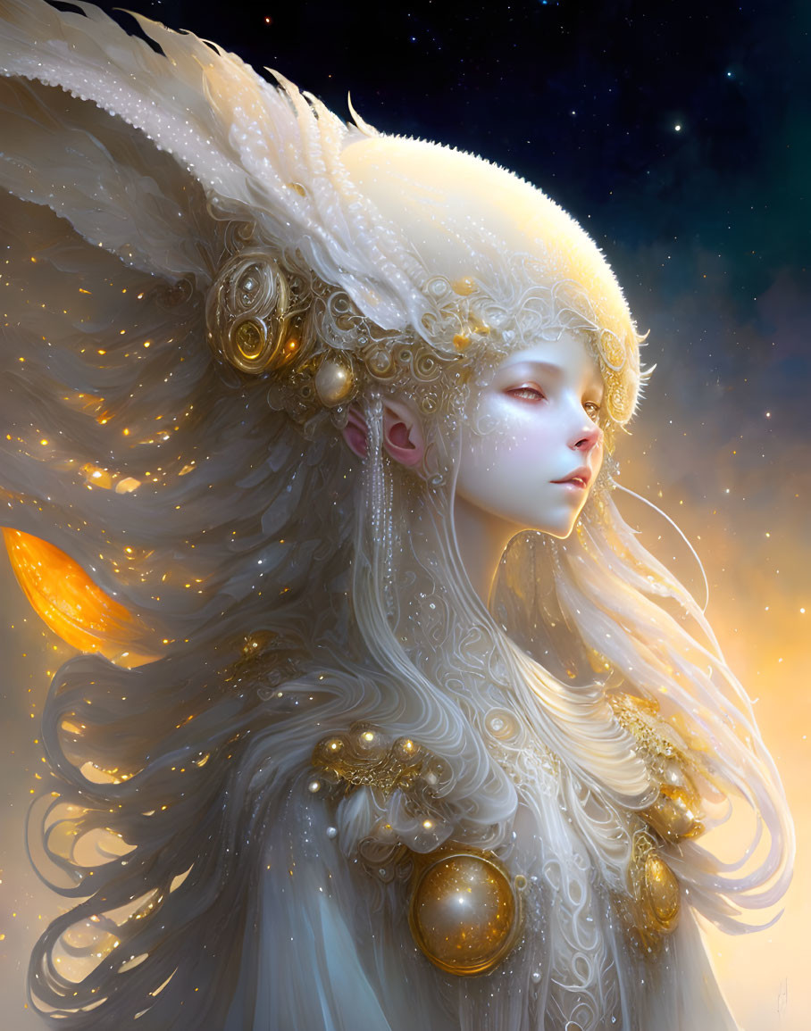 Golden-eyed ethereal figure in white cloak under starry sky