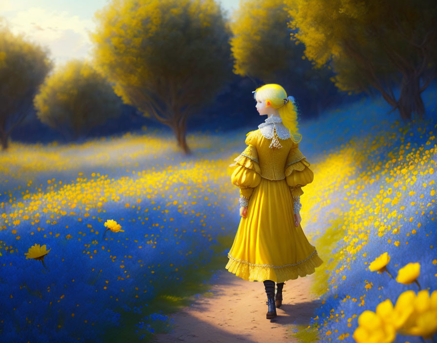 Person in Yellow Dress Surrounded by Blue Flowers and Trees