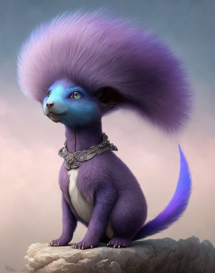 Blue creature with purple mane and silver necklace perched on rock