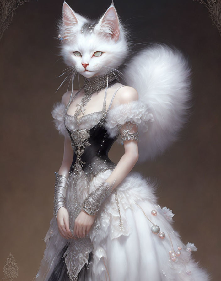 White anthropomorphic cat in elegant dress with lace and pearls.