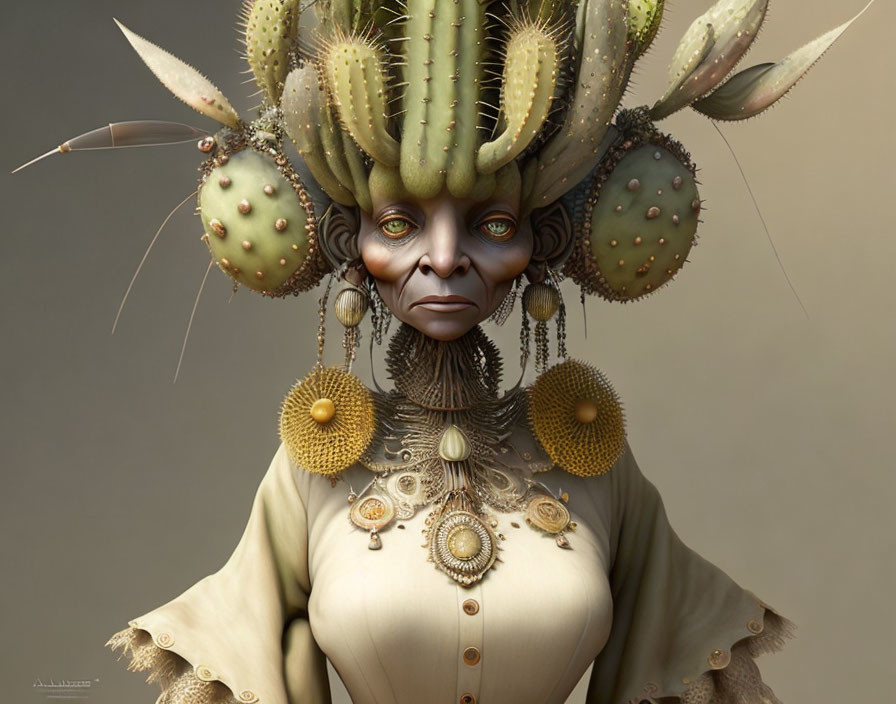 Alien creature portrait with cactus features and Victorian attire