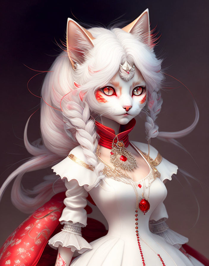 Anthropomorphic white cat digital art in elegant dress & jewelry