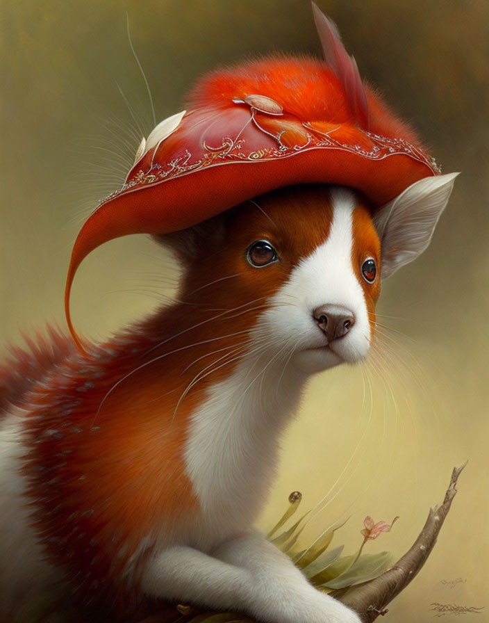 Whimsical red and white fox with stylish hat and mushrooms