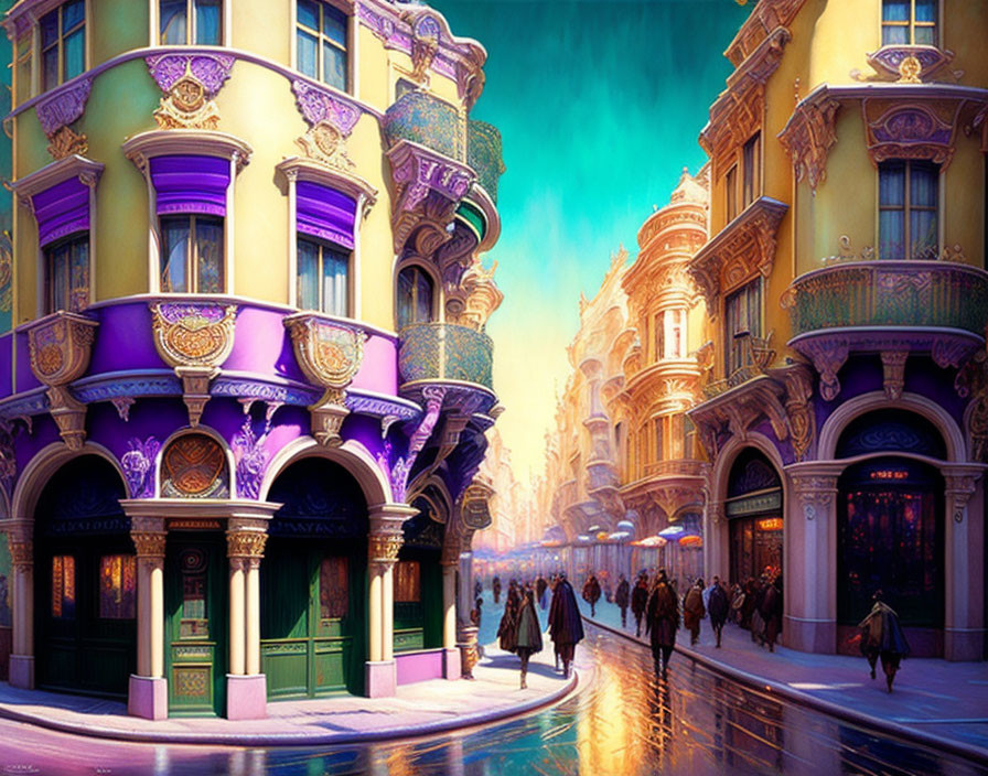 Colorful street scene with ornate purple and gold buildings under teal sky