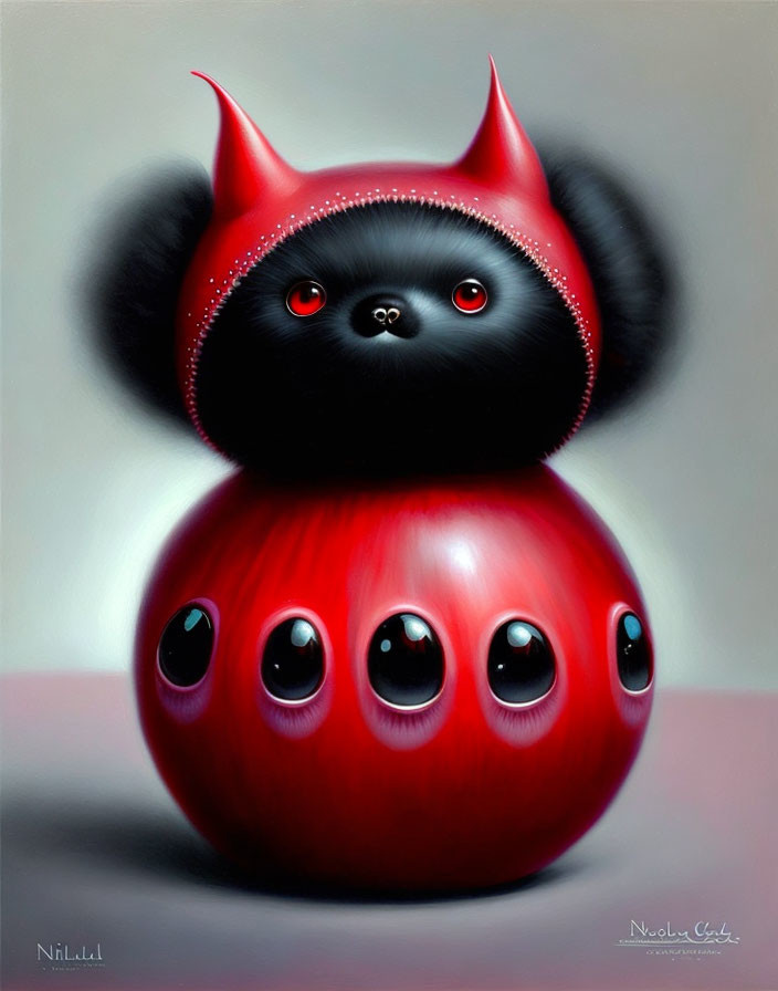 Whimsical creature with red body, multiple eyes, black head, and red pointed ears