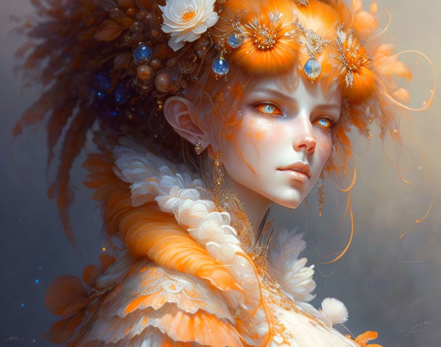 Fantasy illustration of female figure in orange-and-white attire with blue eyes