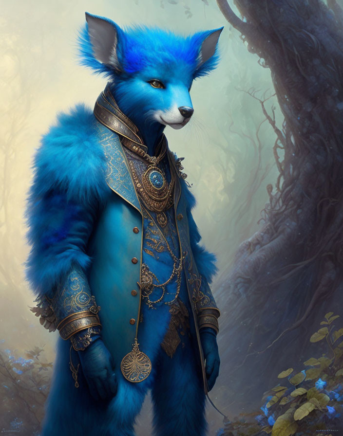 Blue anthropomorphic fox in golden armor with mystical forest background