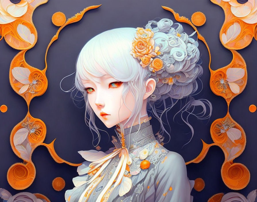 Pale Woman with Gray Hair and Orange Flowers in Symmetrical Design