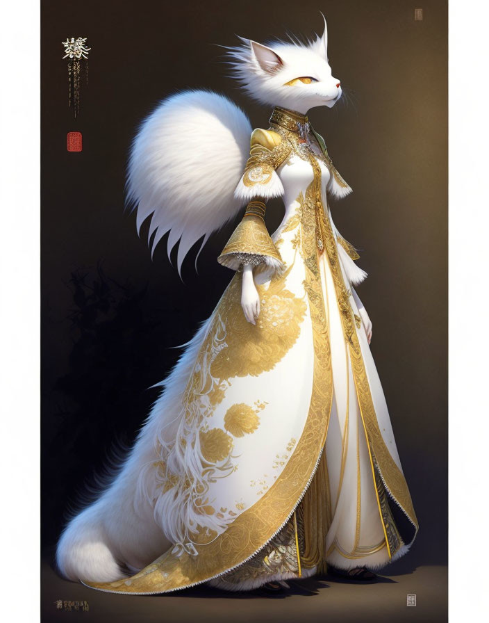 Elegant white cat in gold-trimmed robe with floral patterns