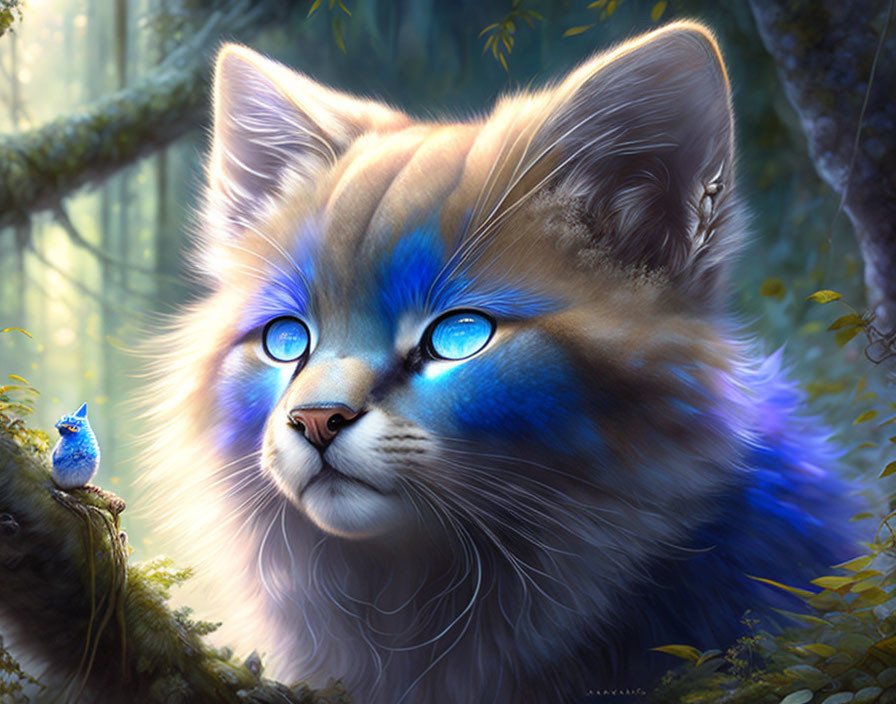 Blue Fluffy Cat and Tiny Bird in Mystical Forest