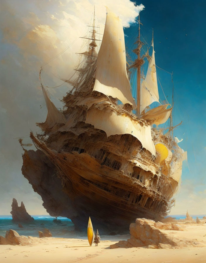 Sailing ship with billowing sails over desert landscape