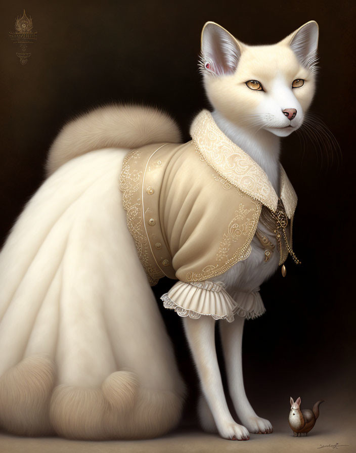 Elegant white cat in cream vest with gold trim beside tiny brown mouse